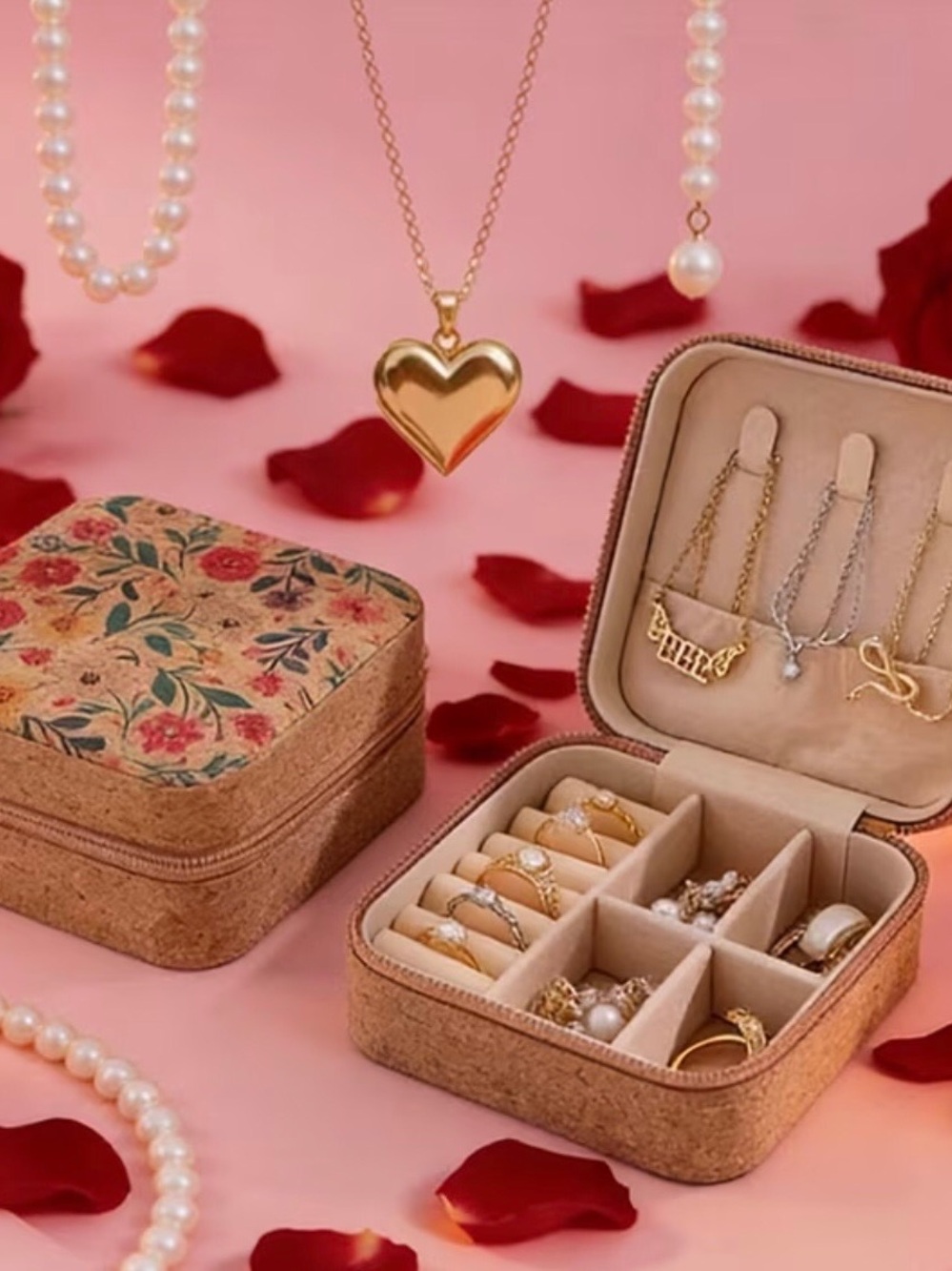 Floral Cork Jewelry Organizer Travel Case - Beige